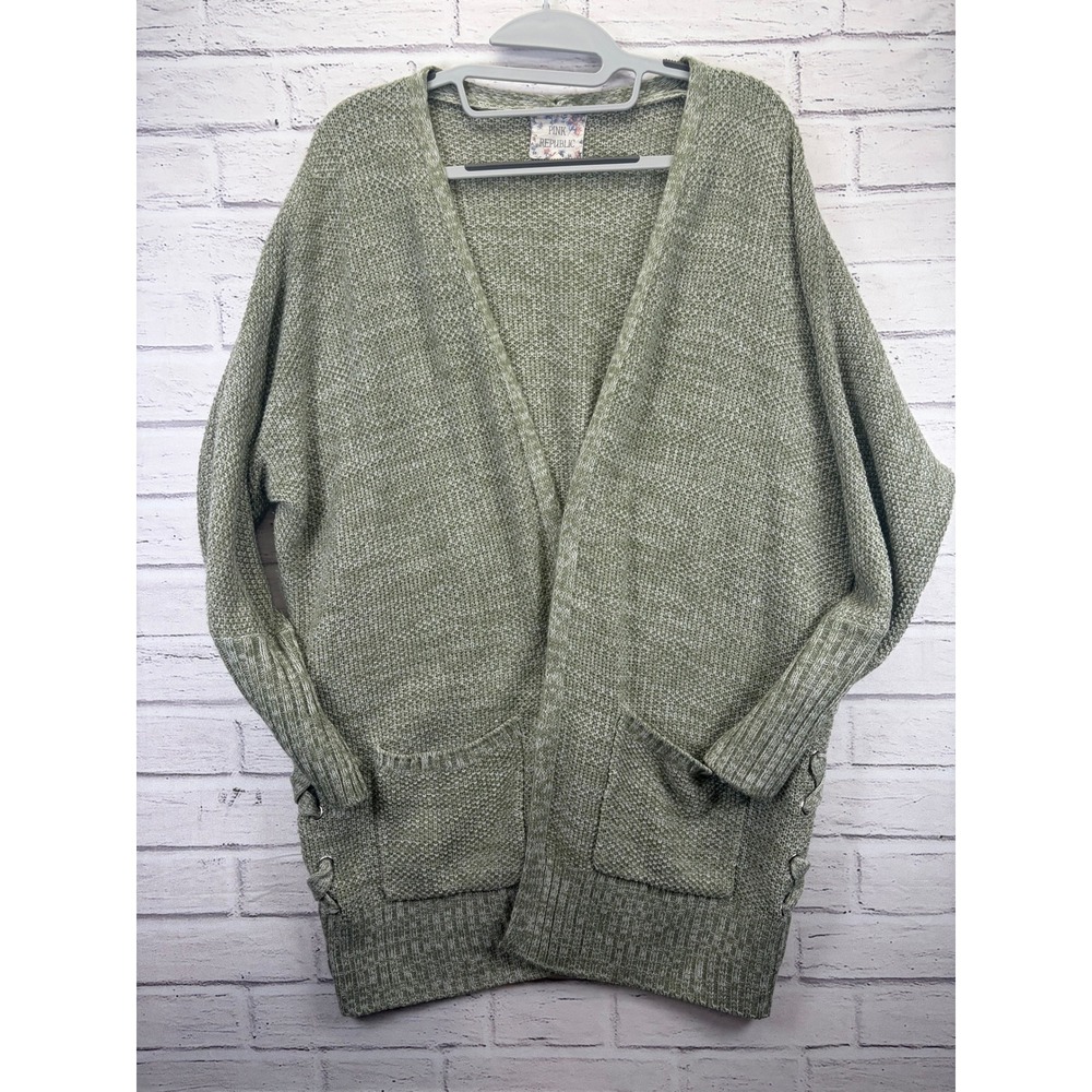 Pink Republic Green Lace-Up Side Open Front Knit Cardigan Sweater Women's Size L